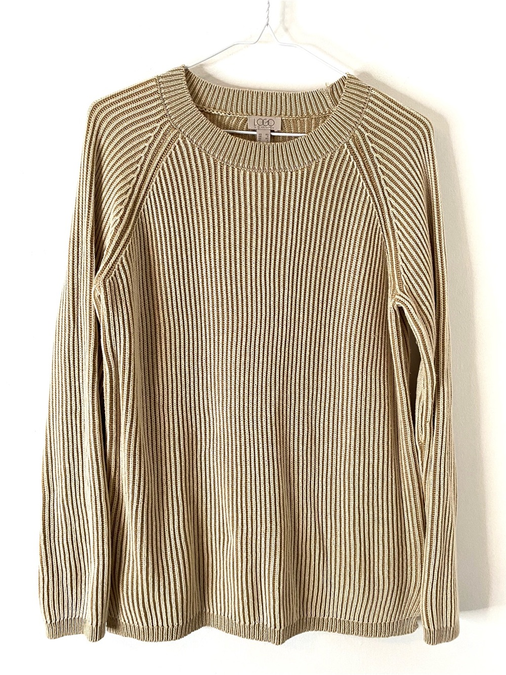 LOGO by Lori Goldstein Two Tone Tan Cream Ribbed Cotton Sweater